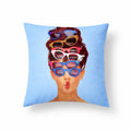 Retro Shades cushion — lady wearing many sunglasses on sky blue