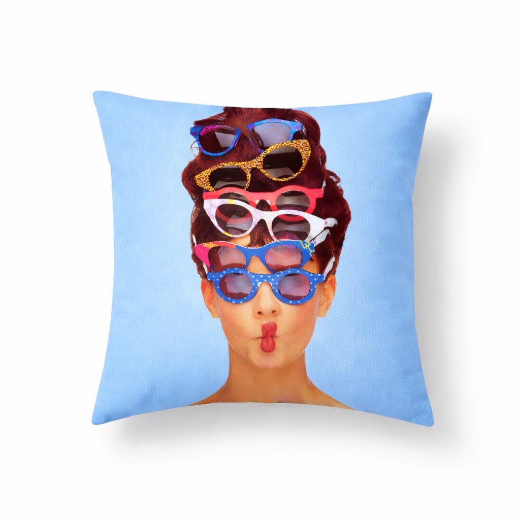 Retro Shades cushion — lady wearing many sunglasses on sky blue