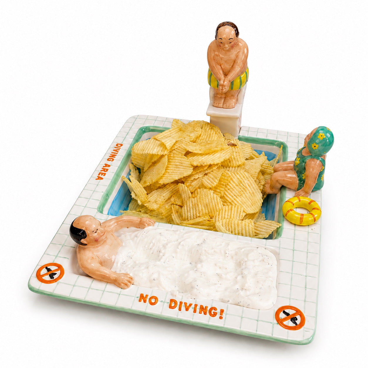 The Pool Party Platter — ceramic chips and dip tray with NO DIVING pool