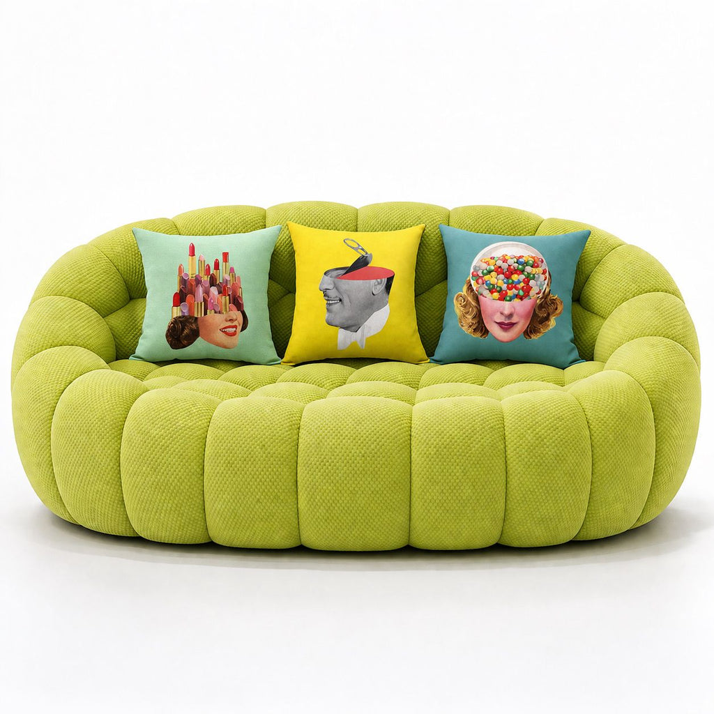 Headspace cushion trio on a lime green sofa