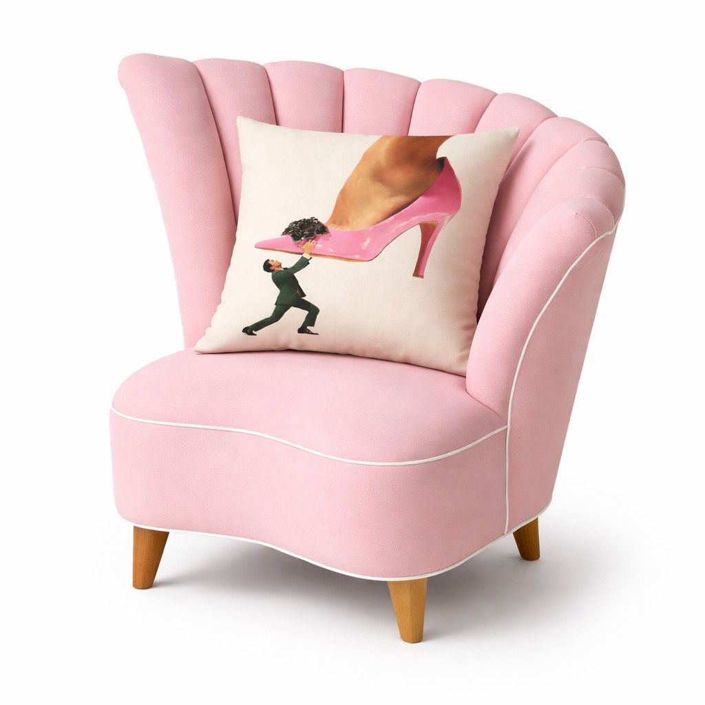 The Devil Wears Pink cushion on a blush pink chair