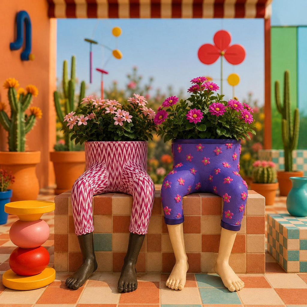 Funny Leg Planters on a sunny patio ledge