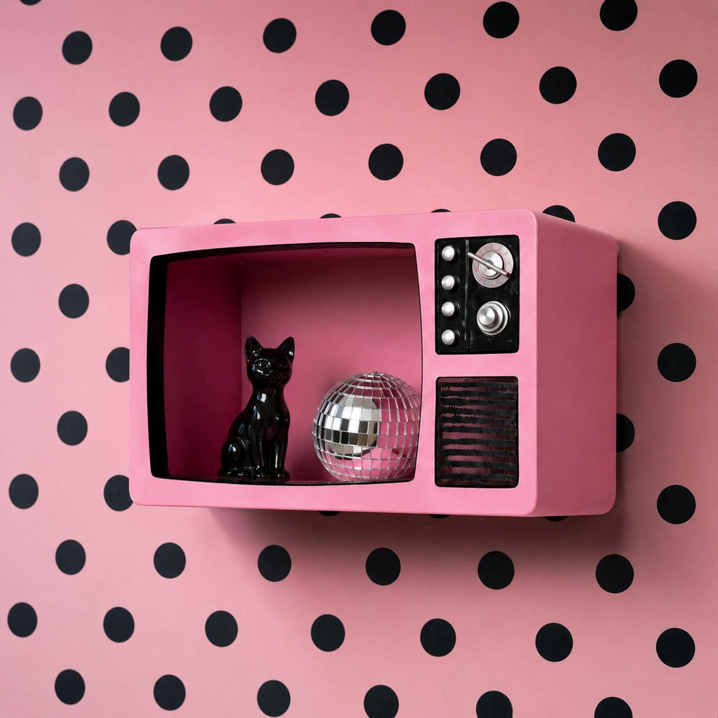 Retro TV Shelf styled on a polka dot wall with cat figurine and disco ball