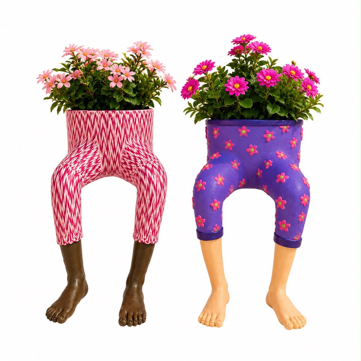 Funny Leg Planters — standing legs set: pink chevron and purple floral