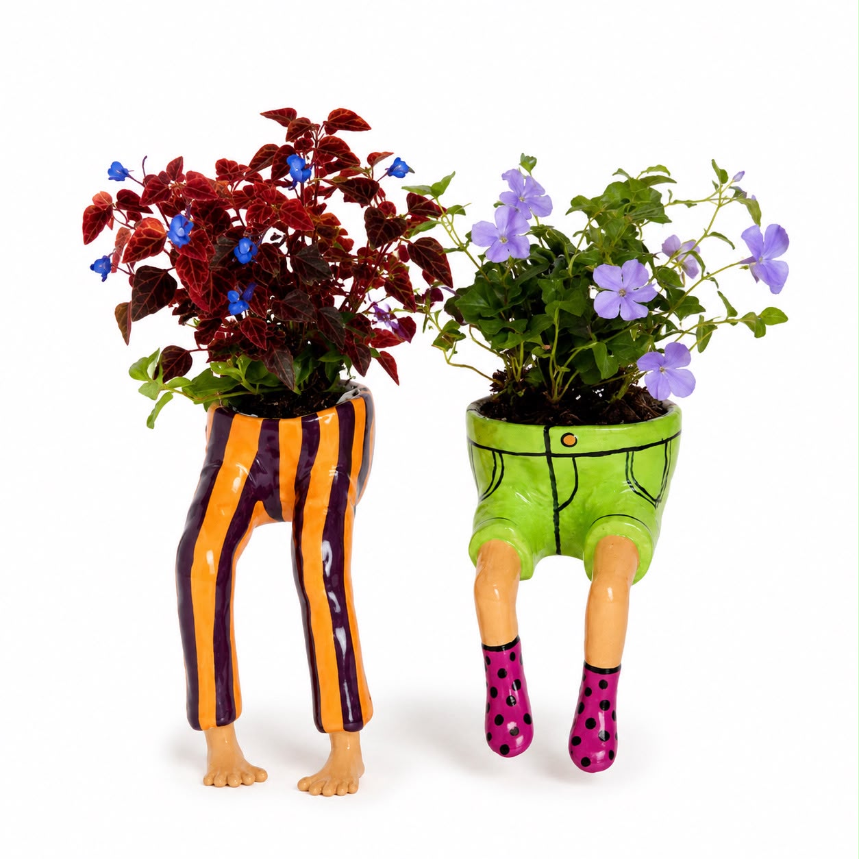 Funny Leg Planters — dangle legs set: striped trousers and green shorts