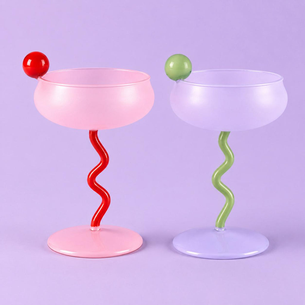 Colorful Glasses — frosted coupe pair in pink and lilac with squiggle stems