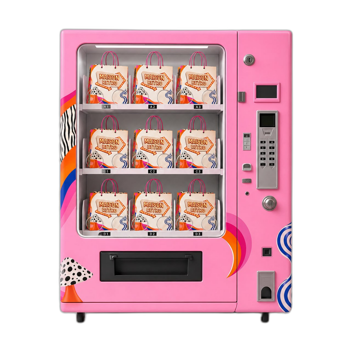 Pink Maison Retro vending machine stocked with shopping bags