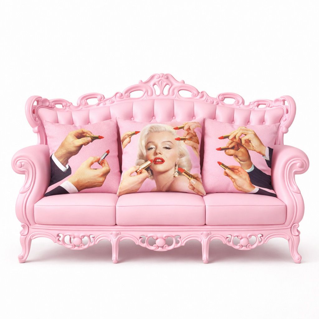 Paint Me cushion trio on a pink baroque sofa